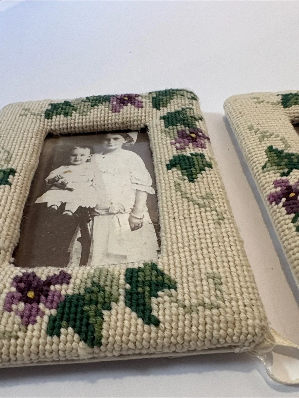 Vintage Handmade Floral Needlepoint Picture Frames - Pair of 2